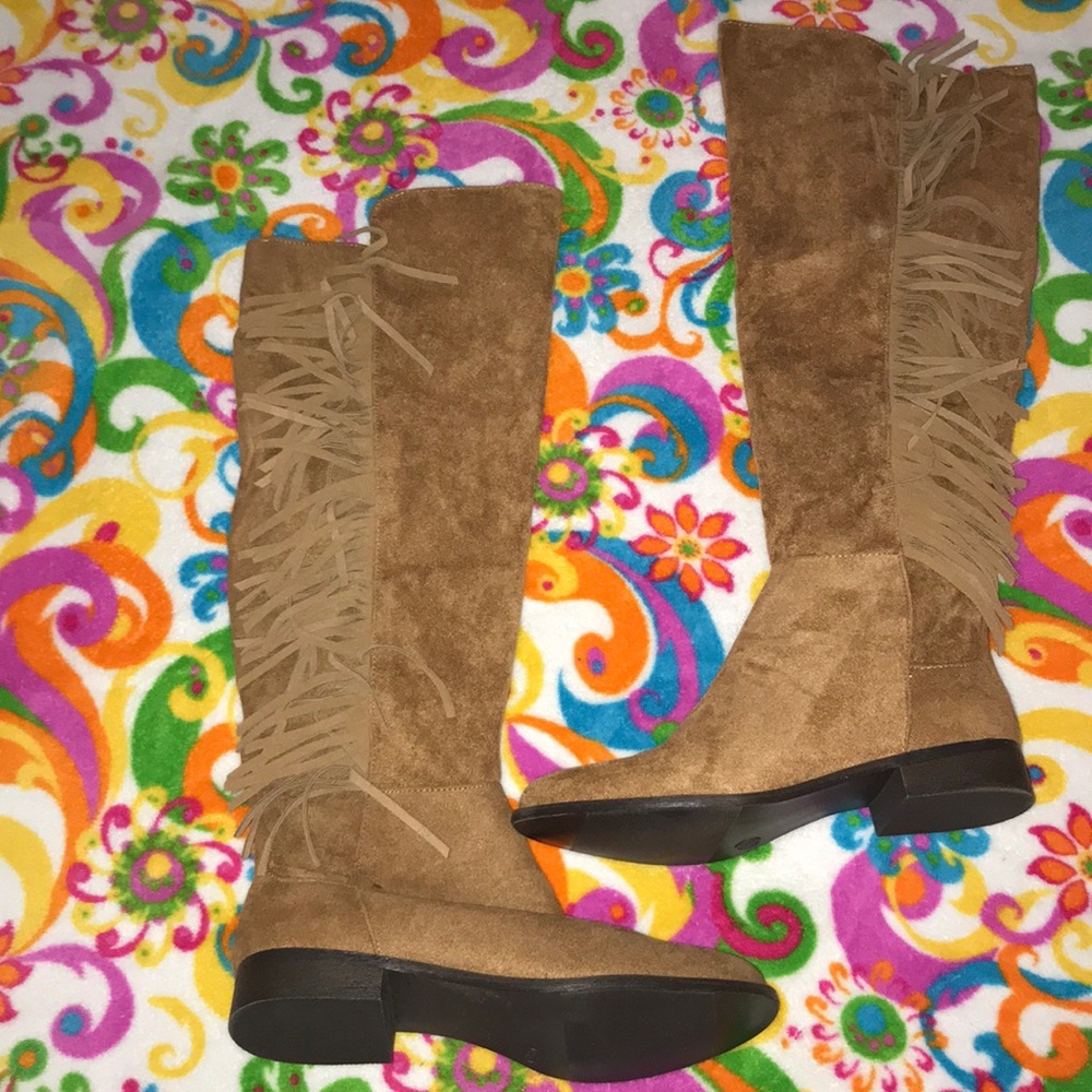 Brand New Knee High Brown Fringe Boots